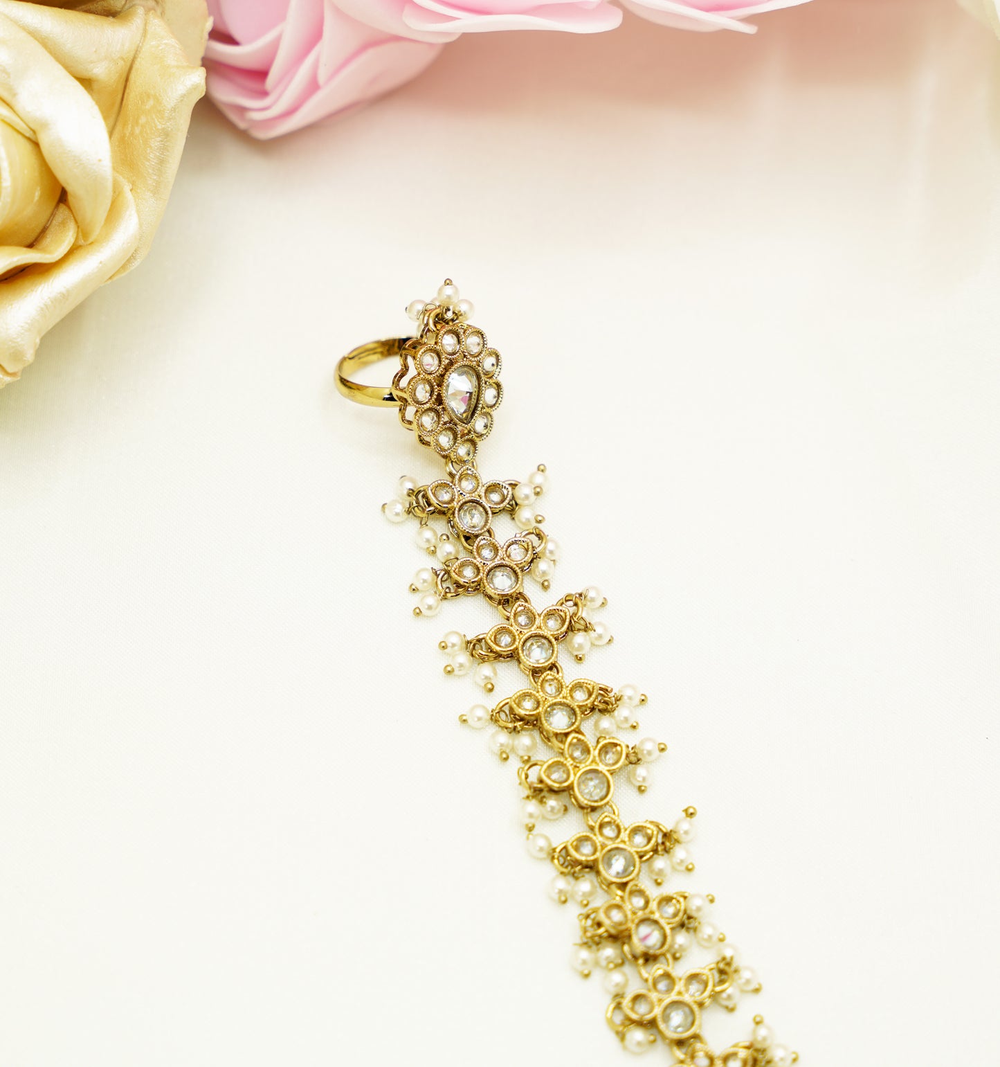 Traditional Bridal Hand Harness – Gold Pearl Haathphool with Finger Ring for Weddings & Mehndi