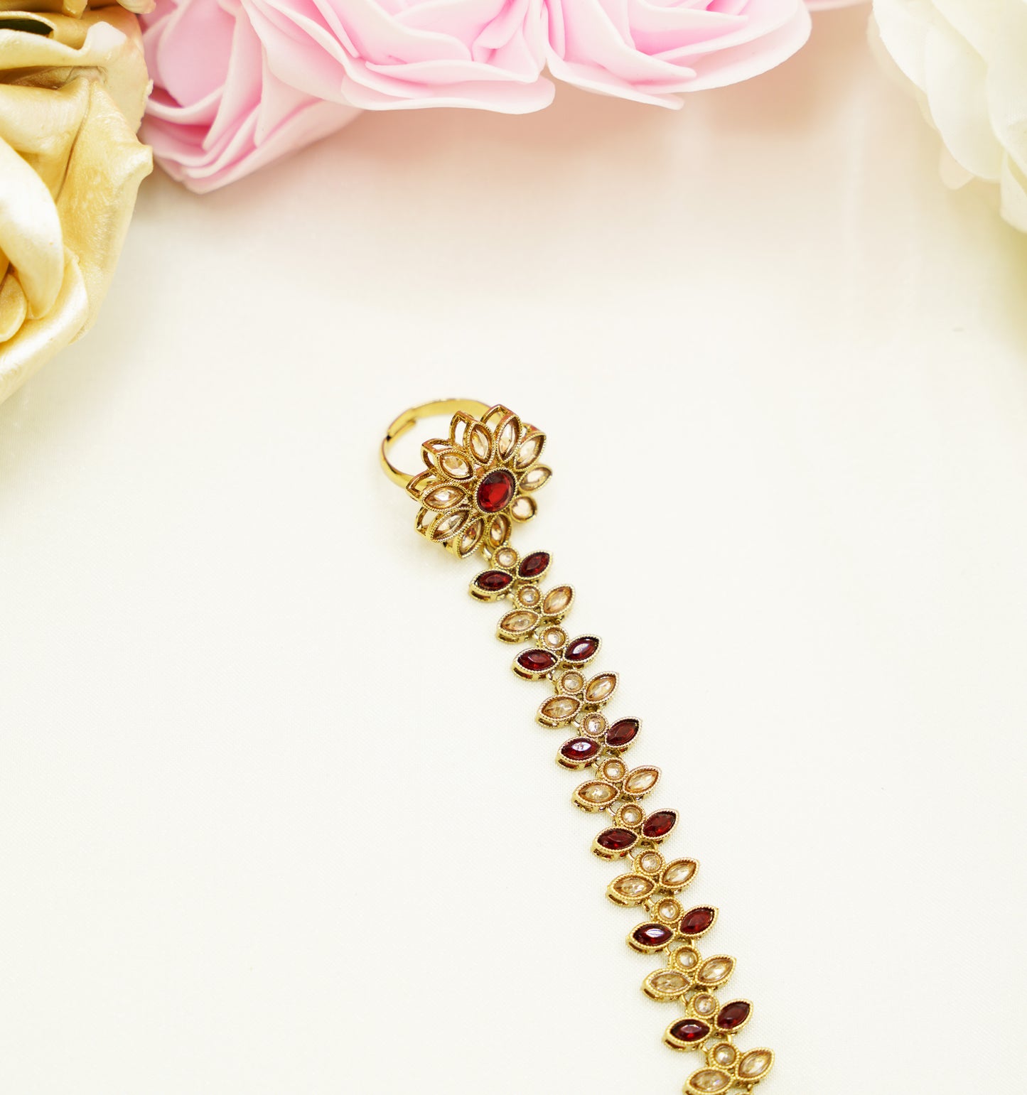 Bridal Hand Harness – Gold & Red Stone Haathphool with Floral Design for Mehndi, Nikah & Festive Wear