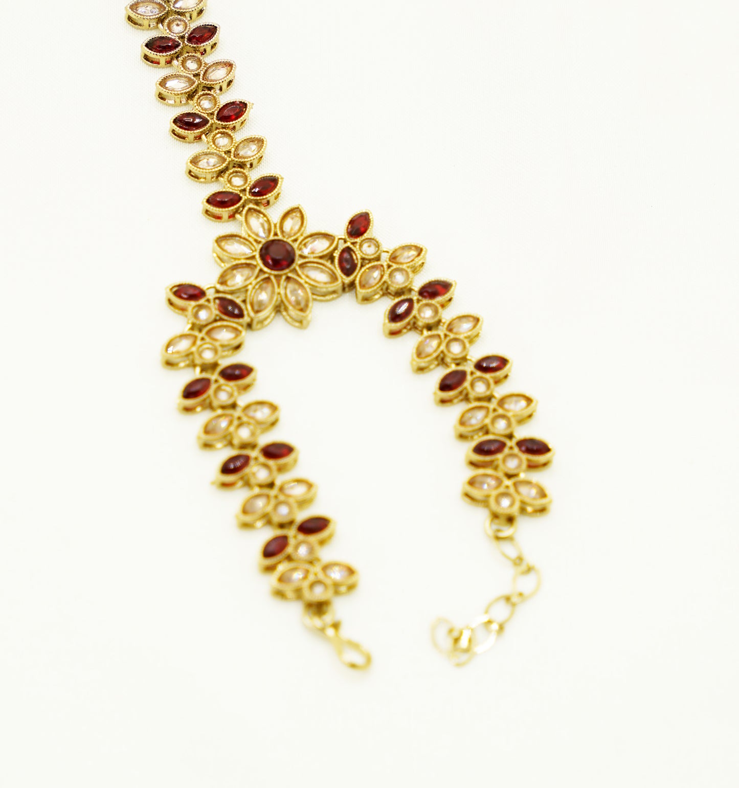 Bridal Hand Harness – Gold & Red Stone Haathphool with Floral Design for Mehndi, Nikah & Festive Wear
