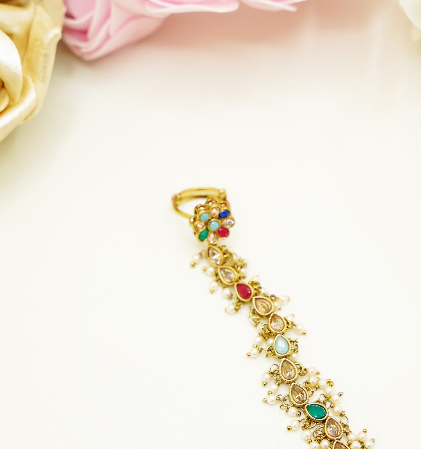 Multicolour Bridal Hand Harness – Pearl & Stone Haathphool for Mehndi, Nikah & Cultural Celebrations