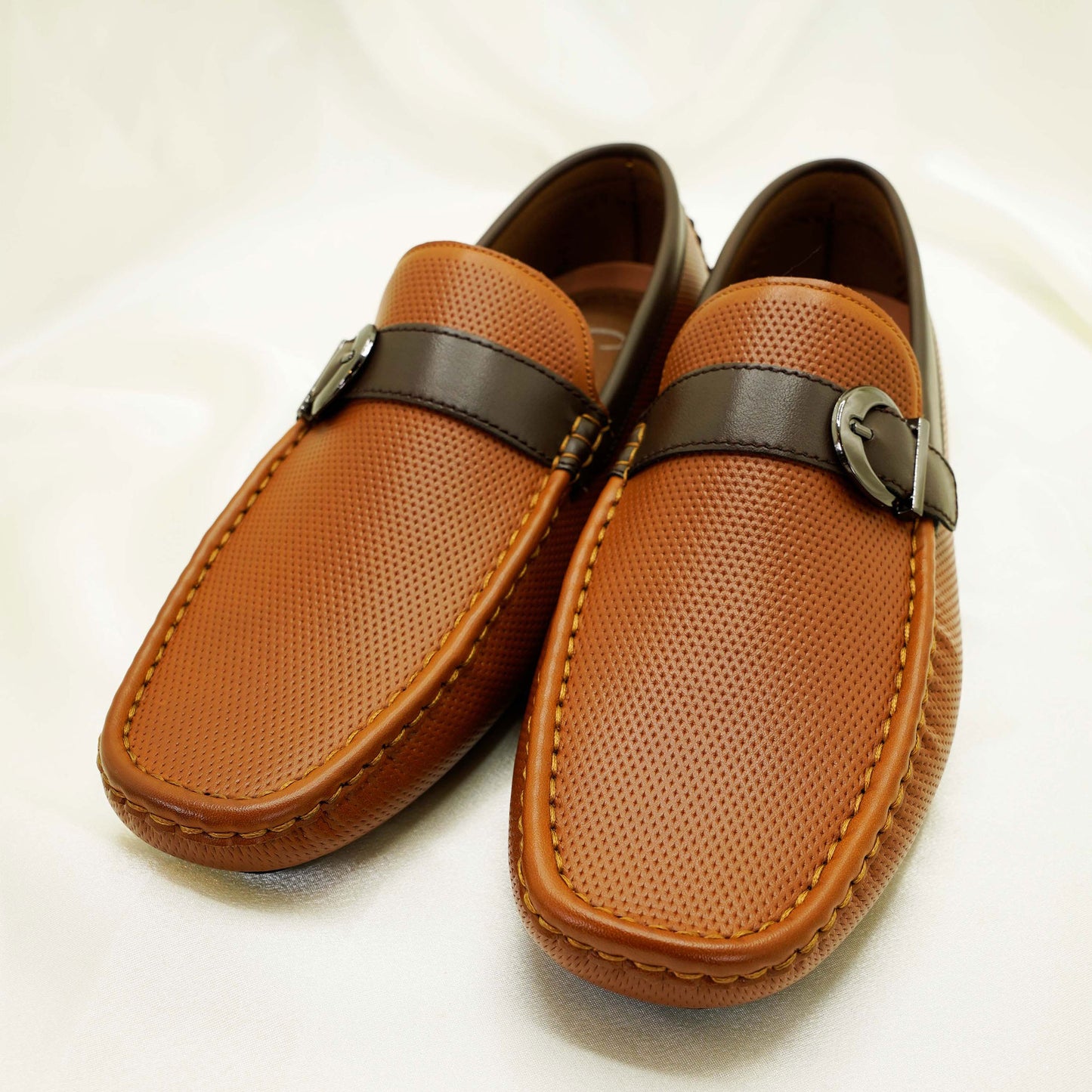 Men’s Brown Tan Loafers – Dual-Tone Slip-On Shoes with Round Gunmetal Buckle