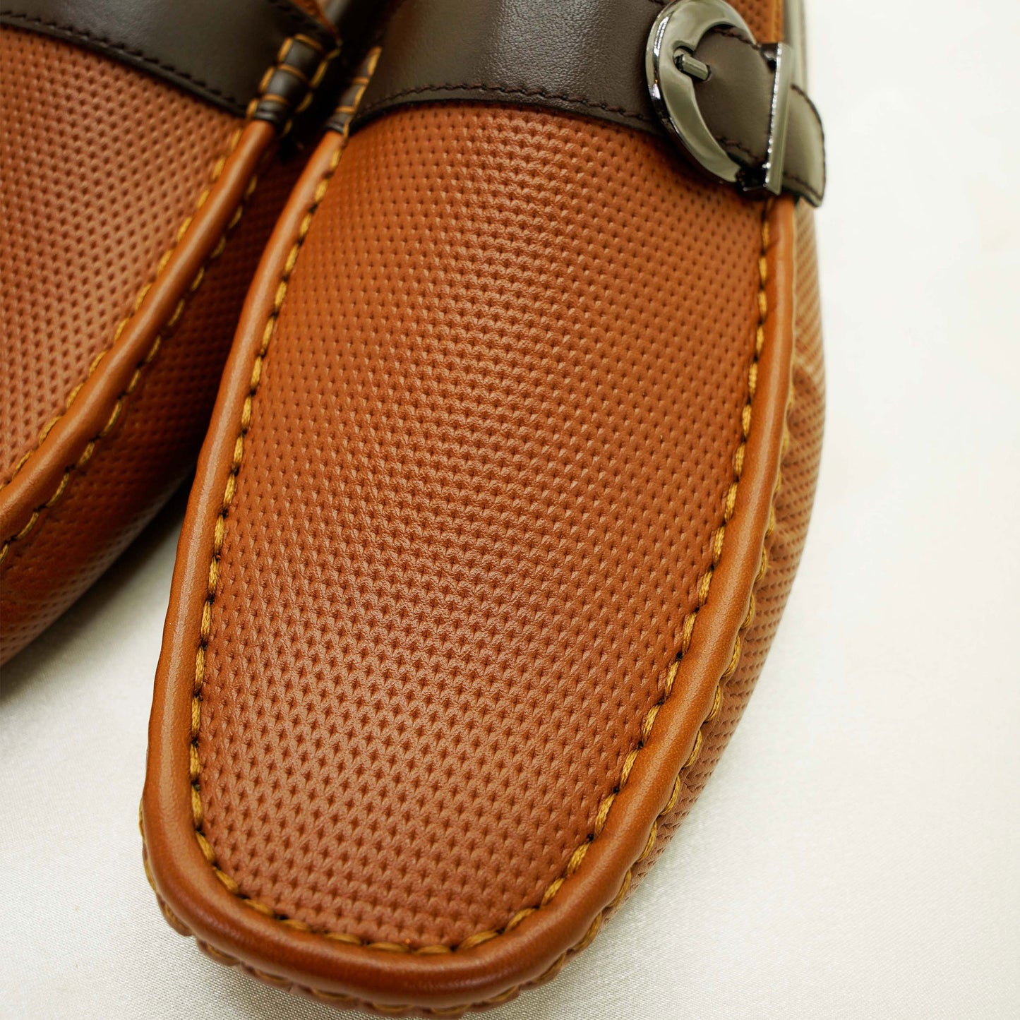 Men’s Brown Tan Loafers – Dual-Tone Slip-On Shoes with Round Gunmetal Buckle