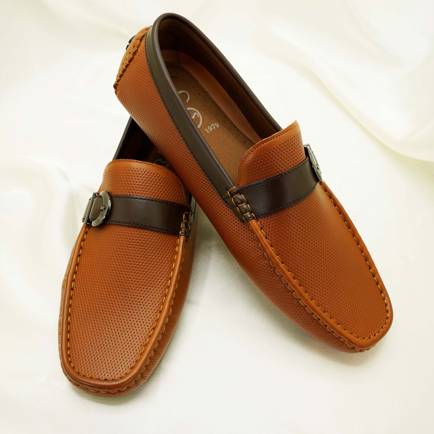 Men’s Brown Tan Loafers – Dual-Tone Slip-On Shoes with Round Gunmetal Buckle