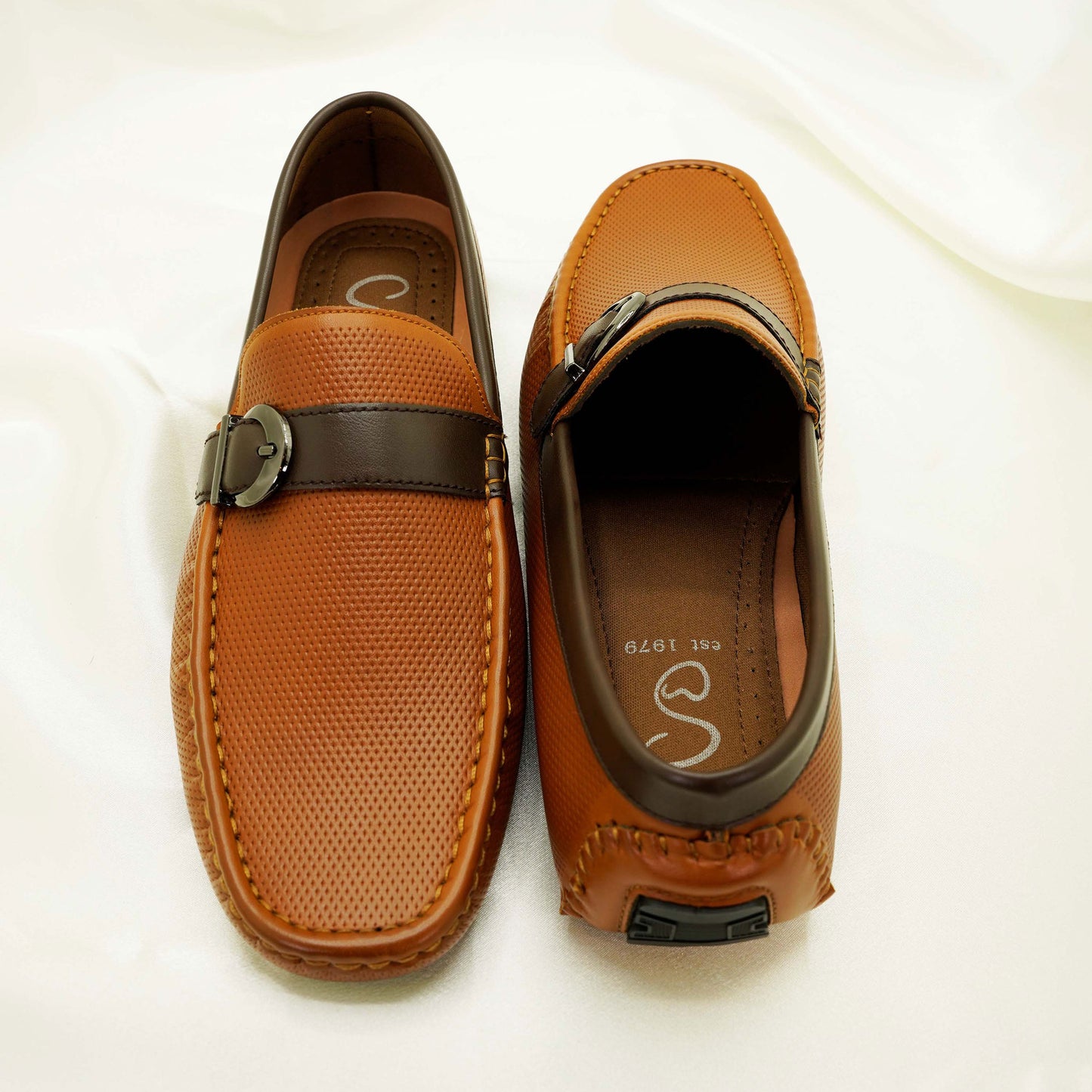 Men’s Brown Tan Loafers – Dual-Tone Slip-On Shoes with Round Gunmetal Buckle