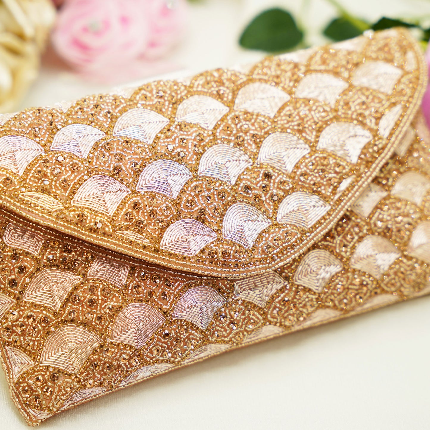 Champagne Shell Beaded Clutch – Hand-Embroidered Party Purse