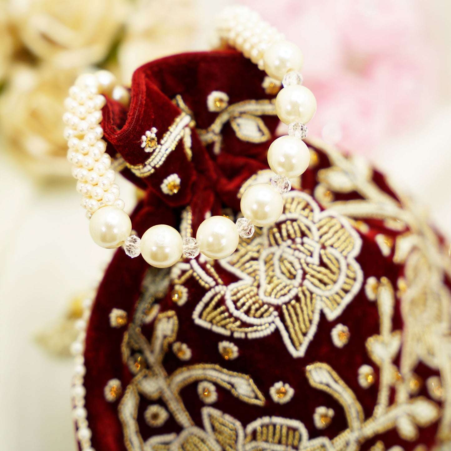 Maroon Velvet Potli Bag – Embroidered Floral Party Purse
