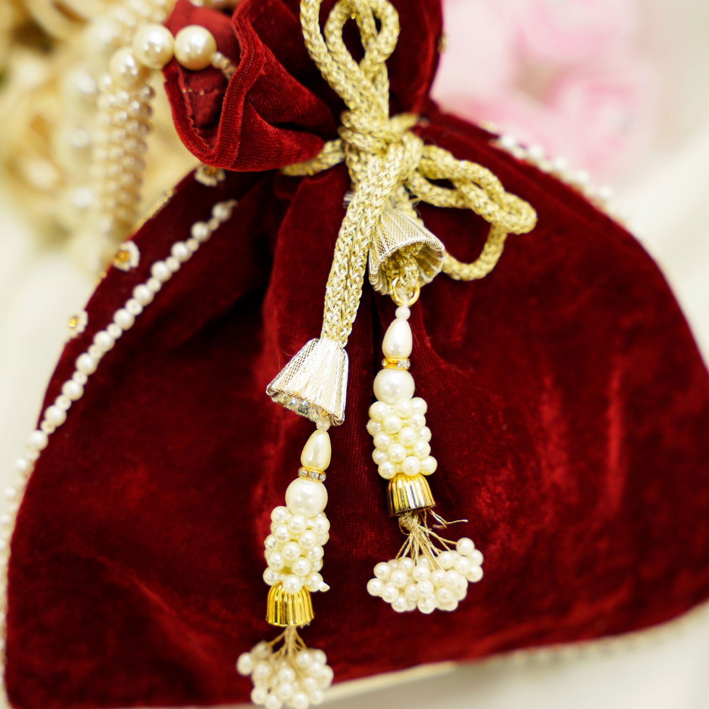 Maroon Velvet Potli Bag – Embroidered Floral Party Purse