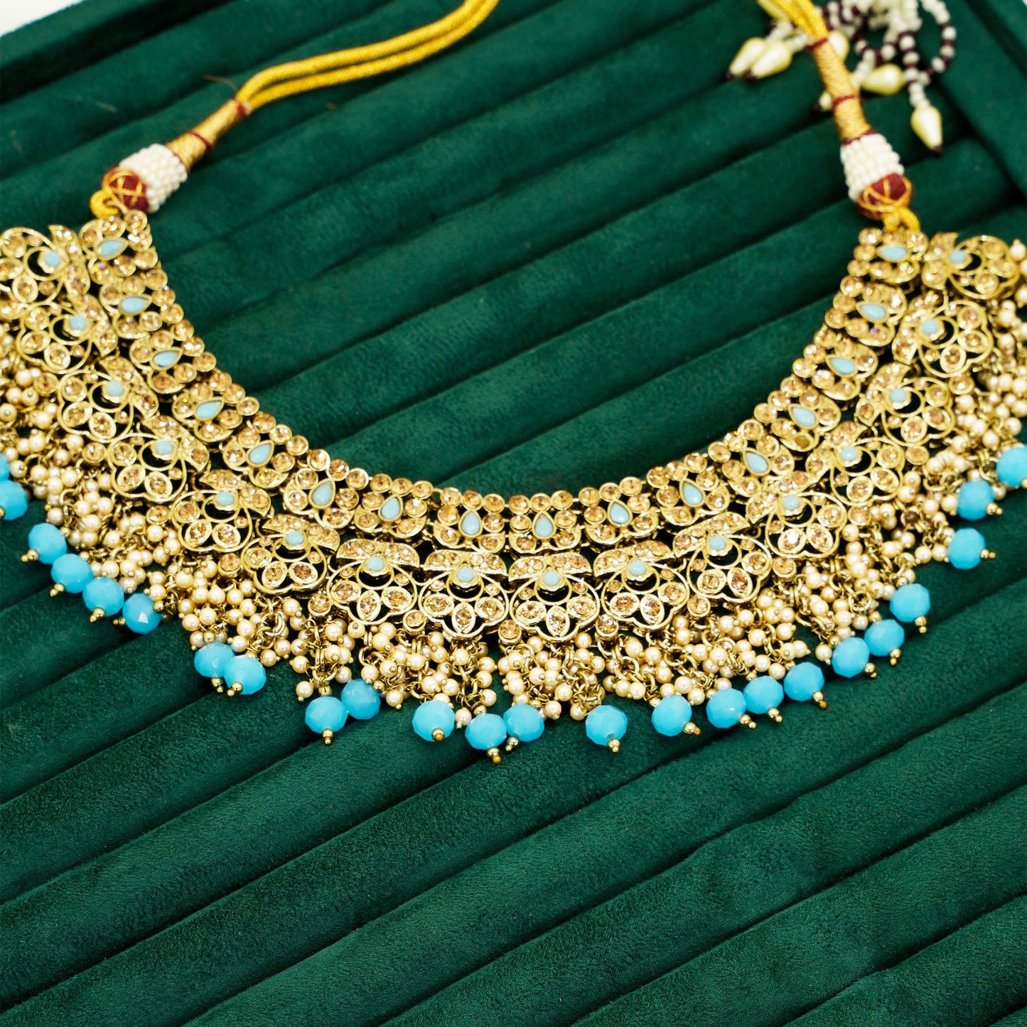 Party Set 11 – Gold-Plated Bridal Jewellery Set with Blue Beads and Kundan Work