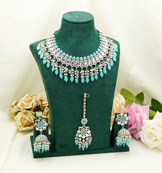 Aqua Blue Party Set - Choker Jewellery Set – Modest  Partywear with Earrings and Tikka
