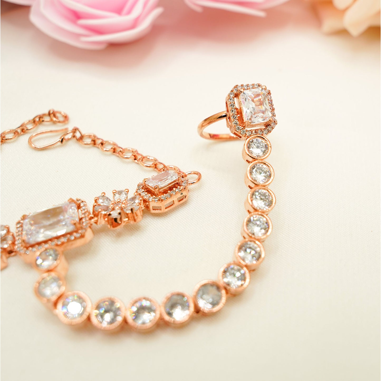 Rose Gold Bracelet and Ring Set – Crystal Embellished Bridal Hand Jewellery for Eid & WeddingsRose Gold Bracelet and Ring Set – Crystal Embellished Bridal Hand Jewellery for Eid & Weddings