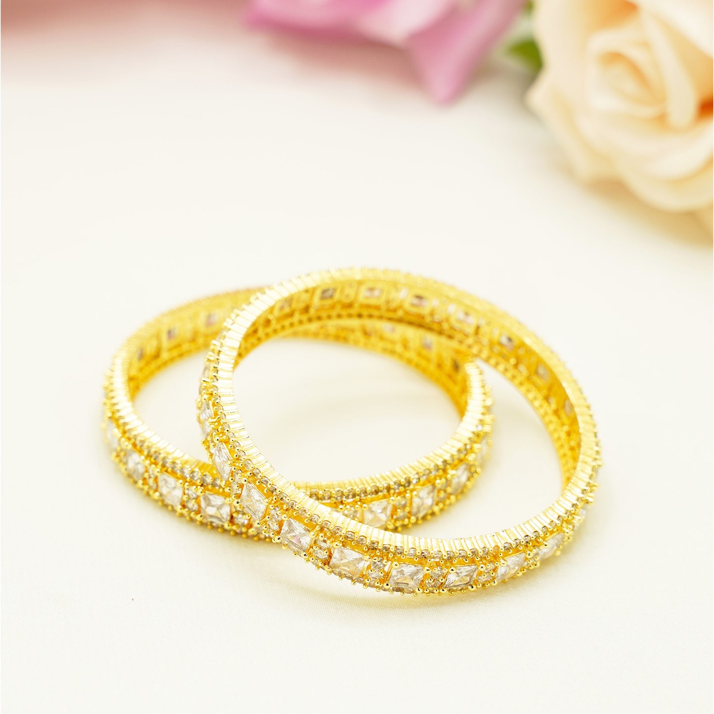 Gold Mirror Stone Bangles – Elegant Pair with Square-Cut Detailing