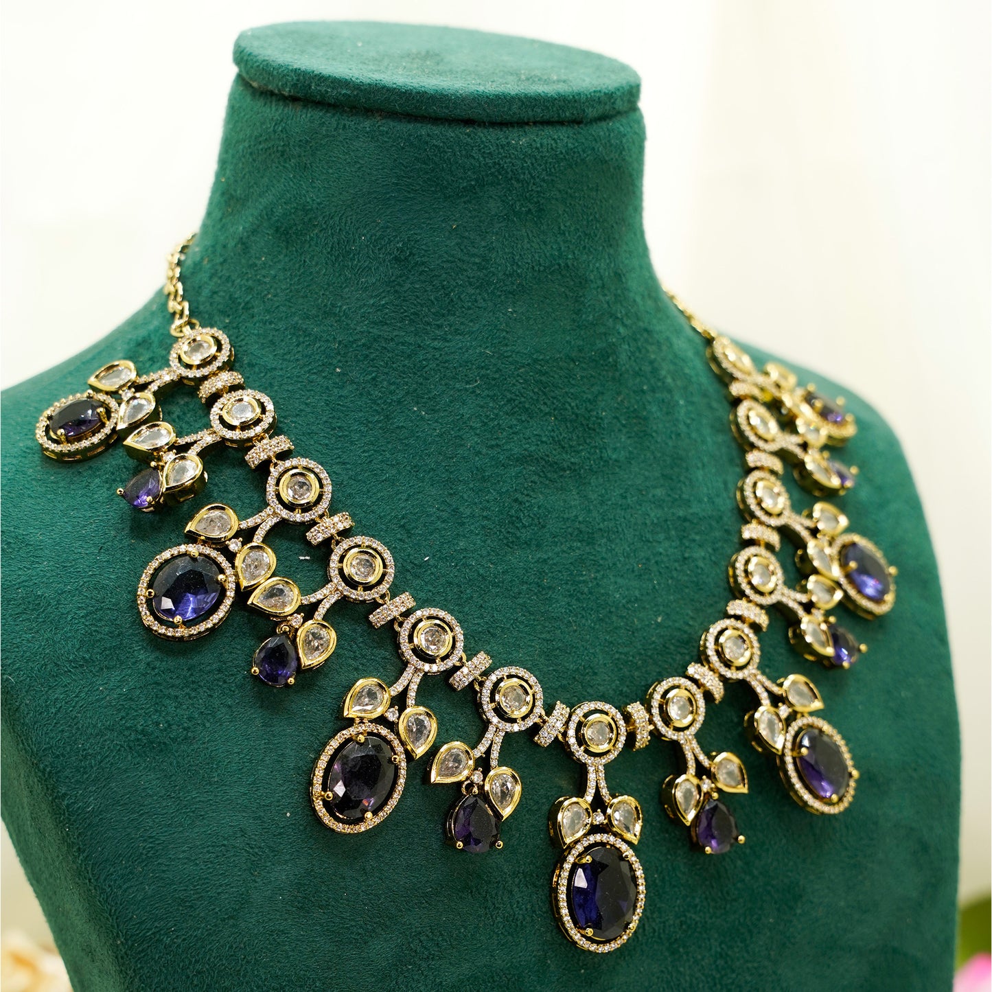 Antique Gold Necklace Set – Deep Violet Stone & Kundan Drop Design