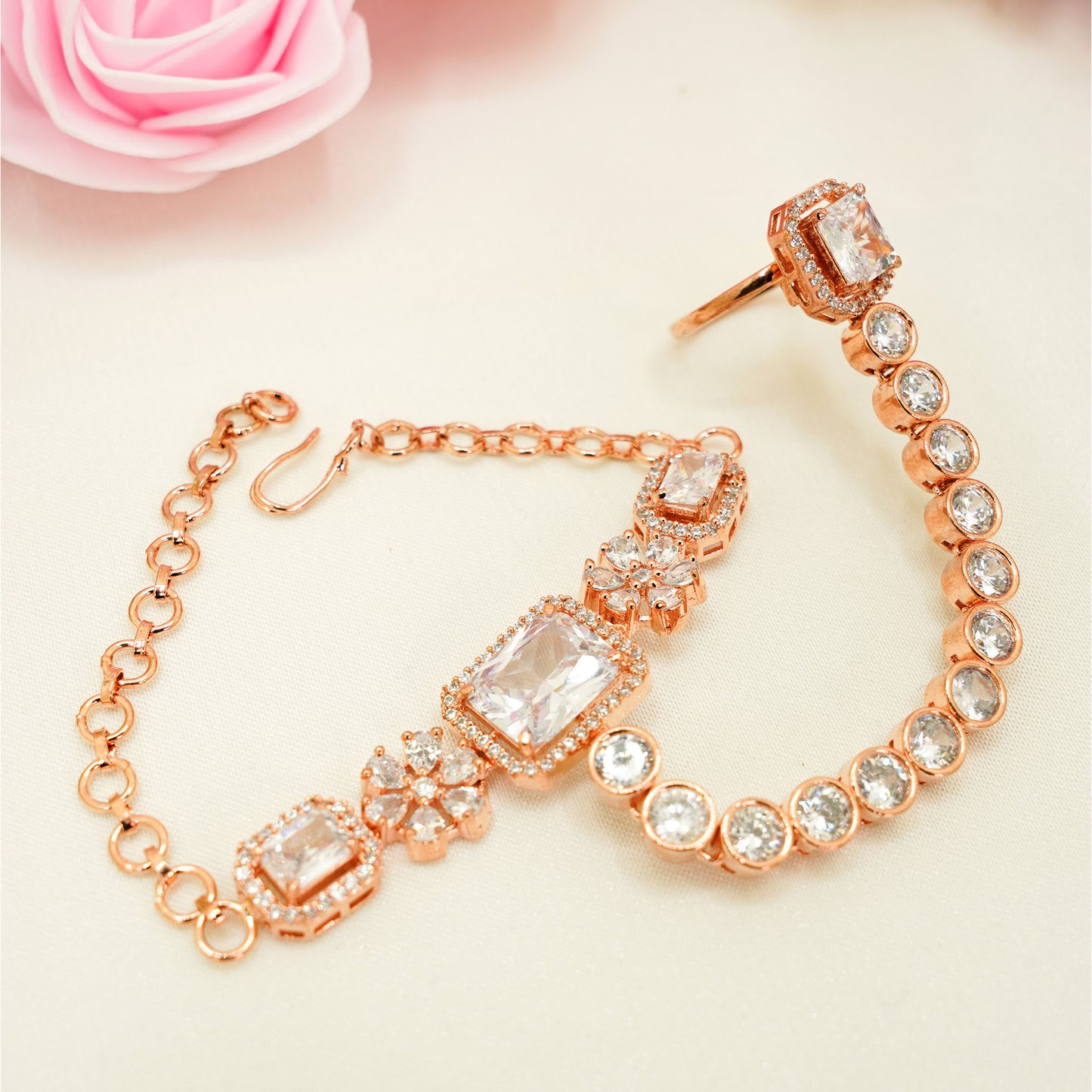 Rose Gold Bracelet and Ring Set – Crystal Embellished Bridal Hand Jewellery for Eid & WeddingsRose Gold Bracelet and Ring Set – Crystal Embellished Bridal Hand Jewellery for Eid & Weddings