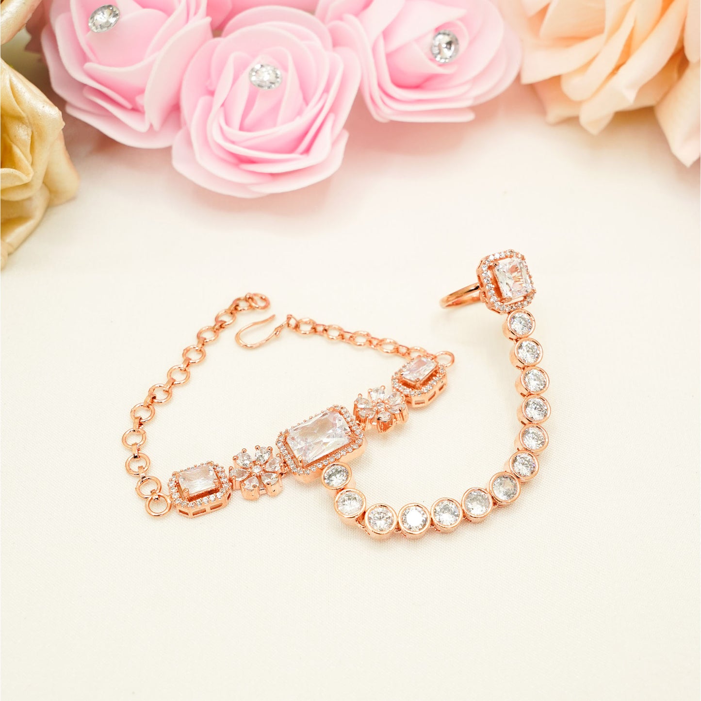 Rose Gold Bracelet and Ring Set – Crystal Embellished Bridal Hand Jewellery for Eid & WeddingsRose Gold Bracelet and Ring Set – Crystal Embellished Bridal Hand Jewellery for Eid & Weddings