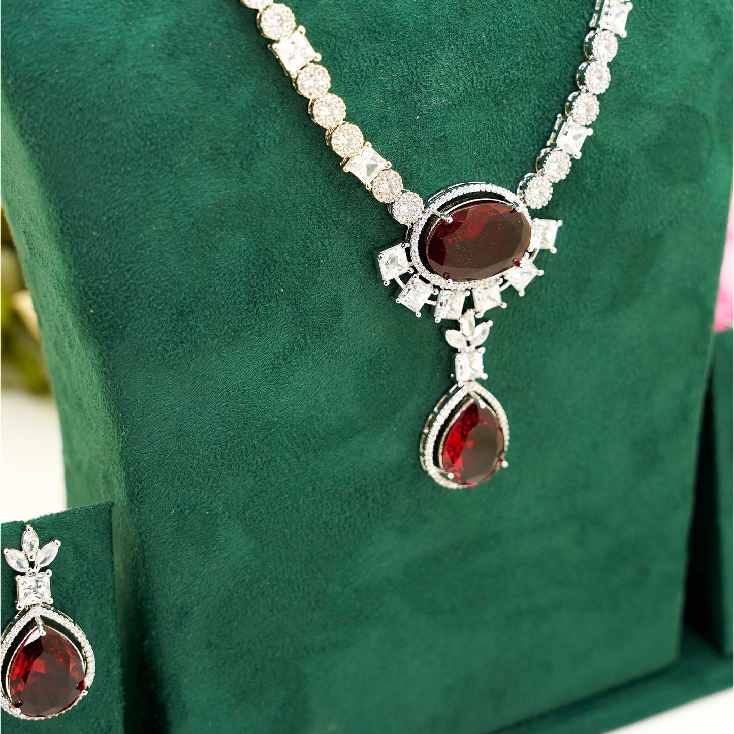 Silver Zircon Necklace Set with Deep Maroon Drop Stones