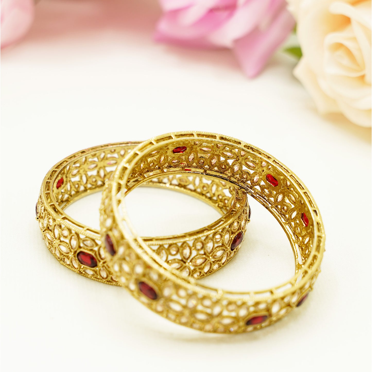Antique Gold Bridal Bangles with Maroon Stones – Traditional Kundan-Style Bangle Set