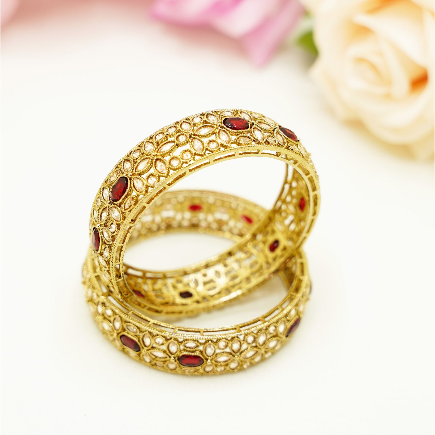 Antique Gold Bridal Bangles with Maroon Stones – Traditional Kundan-Style Bangle Set