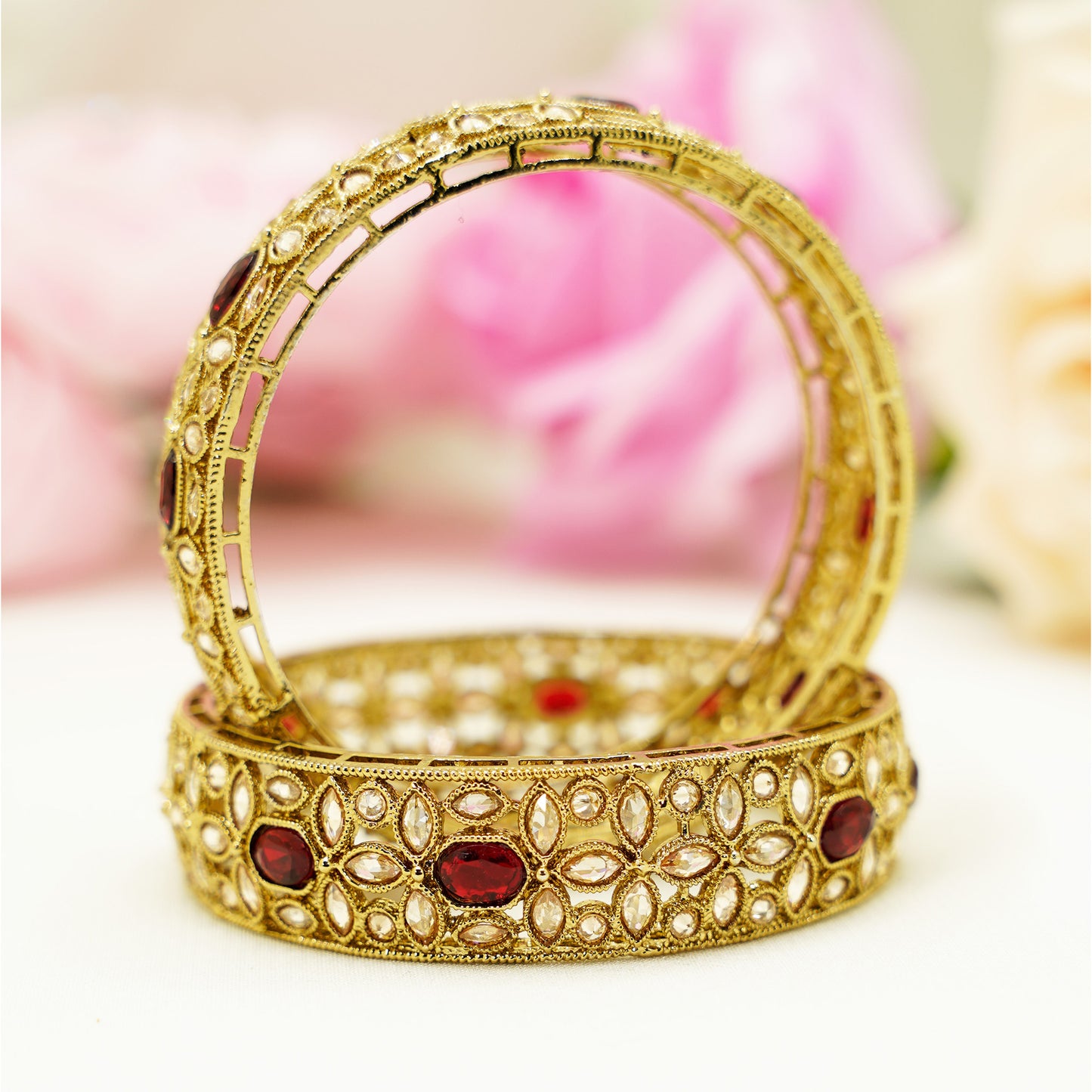 Antique Gold Bridal Bangles with Maroon Stones – Traditional Kundan-Style Bangle Set