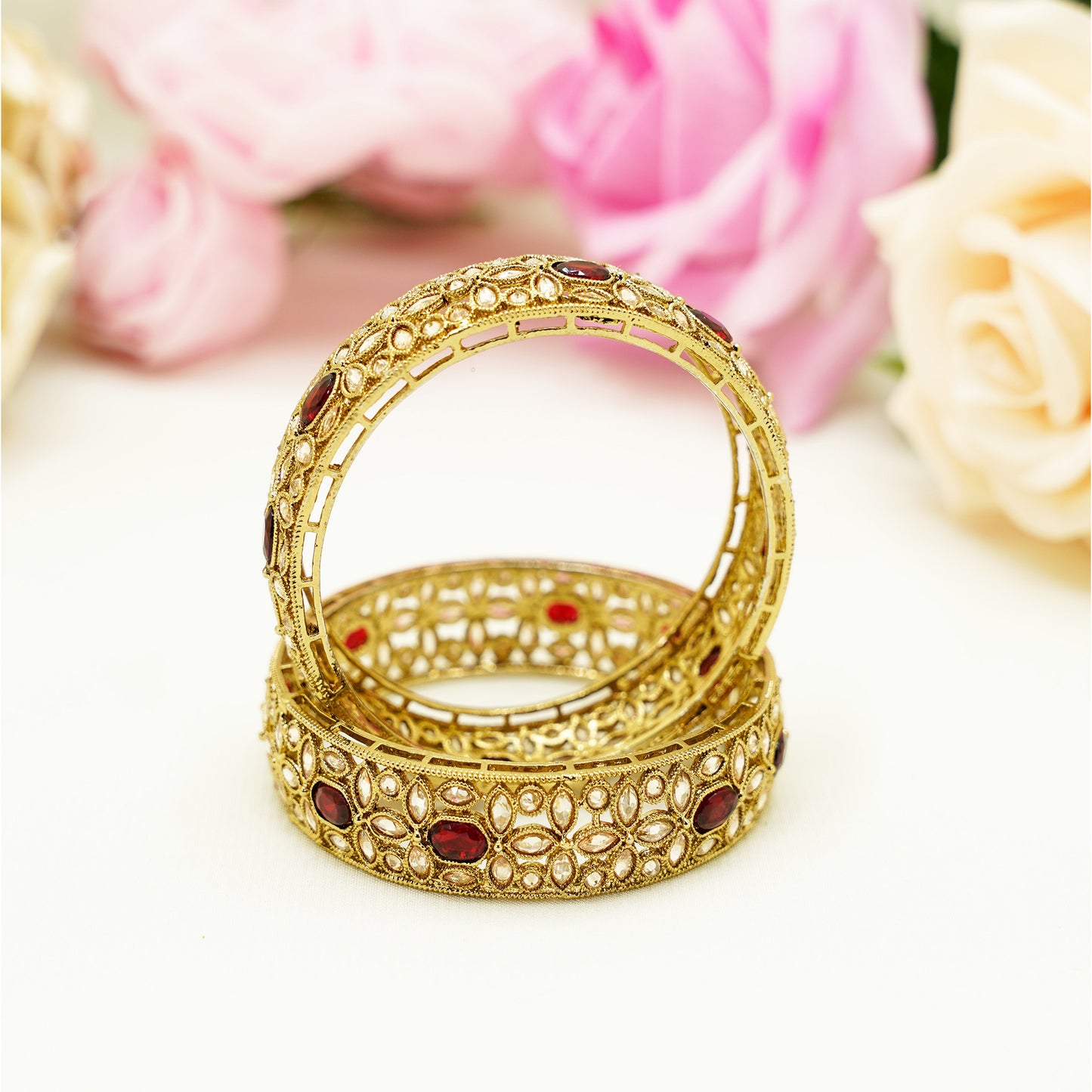 Antique Gold Bridal Bangles with Maroon Stones – Traditional Kundan-Style Bangle Set