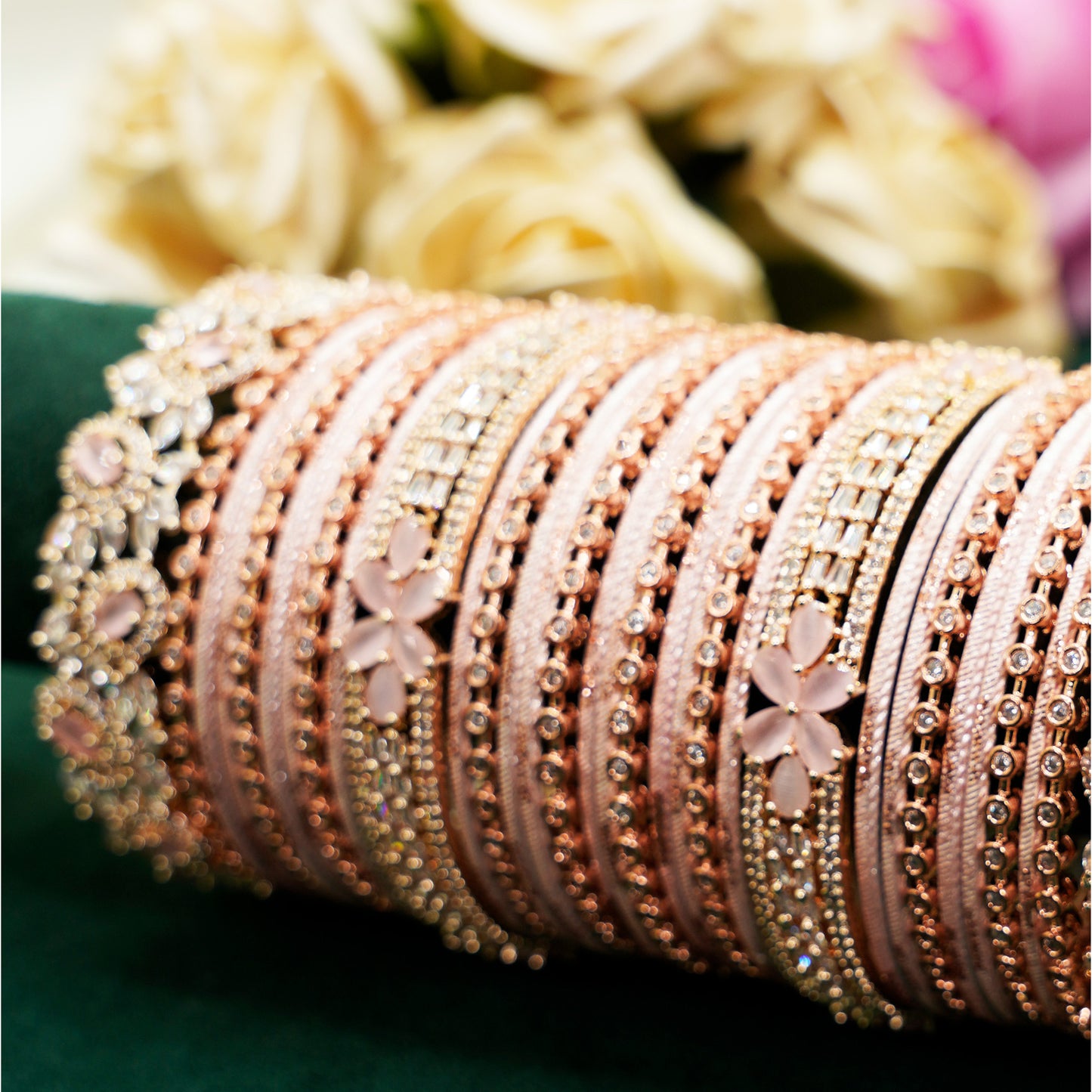 Rose Gold Bridal Bangle Set – 22-Piece Pink Stone & Crystal Party Wear