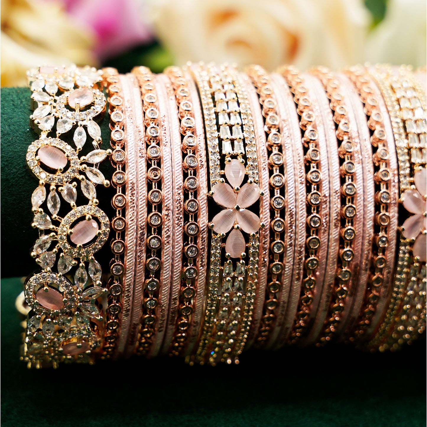 Rose Gold Bridal Bangle Set – 22-Piece Pink Stone & Crystal Party Wear