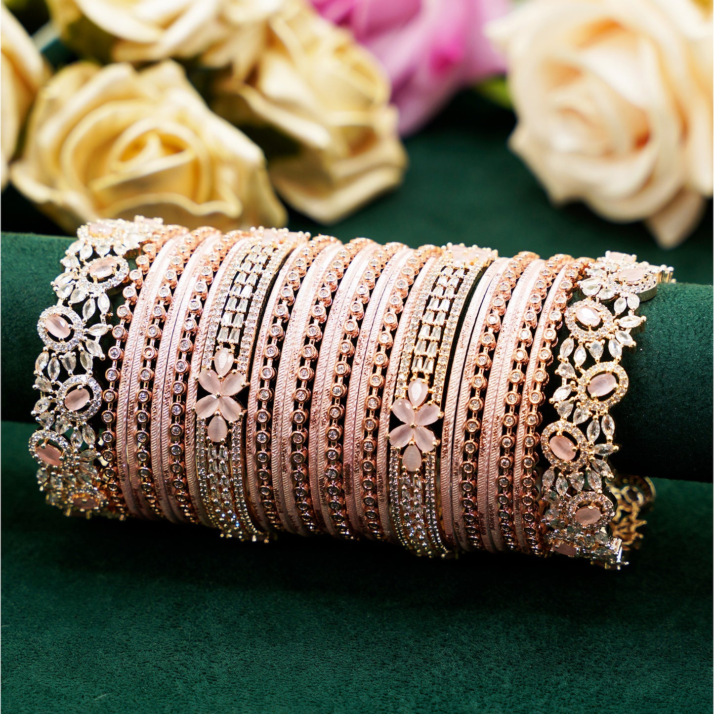 Rose Gold Bridal Bangle Set – 22-Piece Pink Stone & Crystal Party Wear