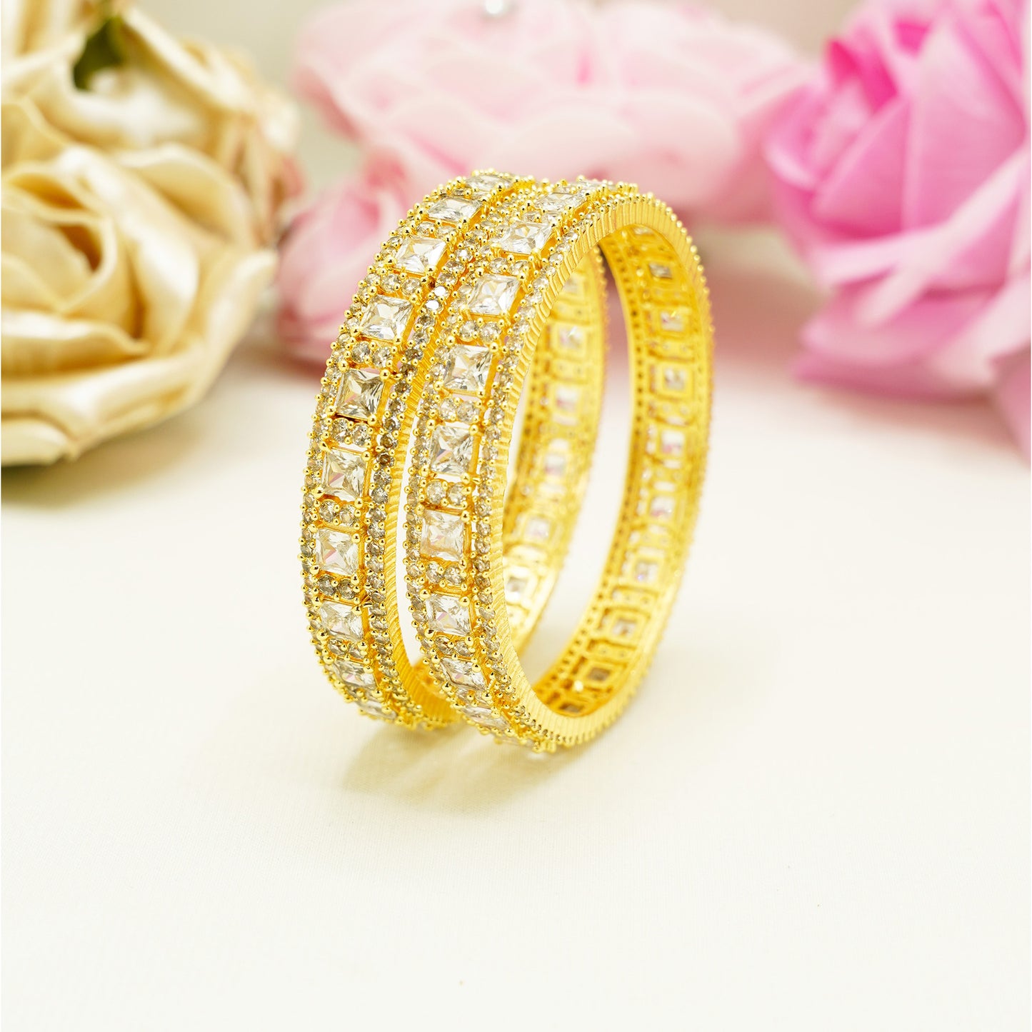Gold Mirror Stone Bangles – Elegant Pair with Square-Cut Detailing