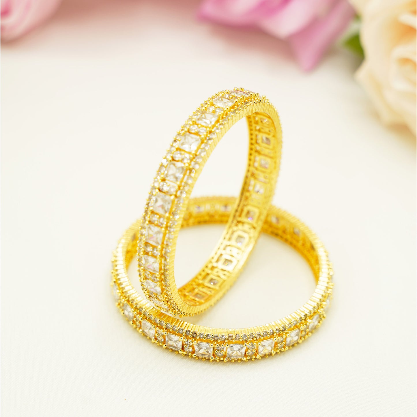 Gold Mirror Stone Bangles – Elegant Pair with Square-Cut Detailing