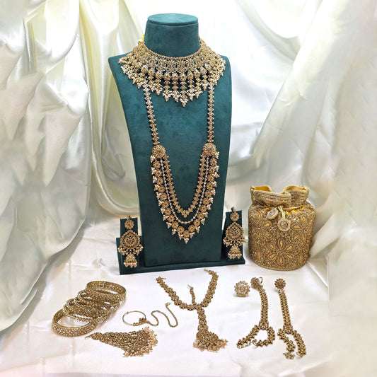 12-Piece Gold Bridal Jewellery Set with Collar Necklace, Long Haar & Embellished Potli