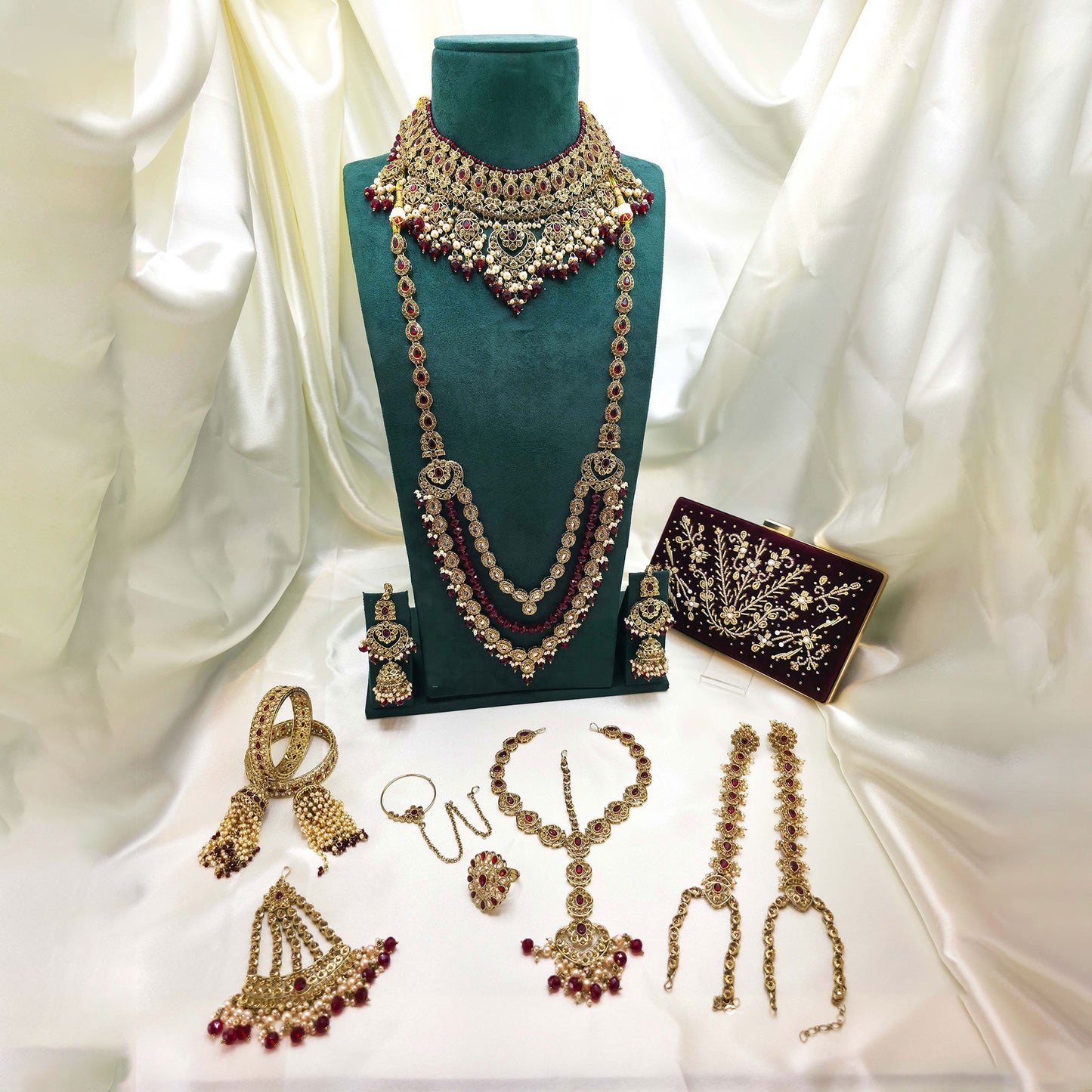 12-Piece Gold and Maroon Bridal Jewellery Set with Collar Necklace, Raani Haar & Embroidered Clutch
