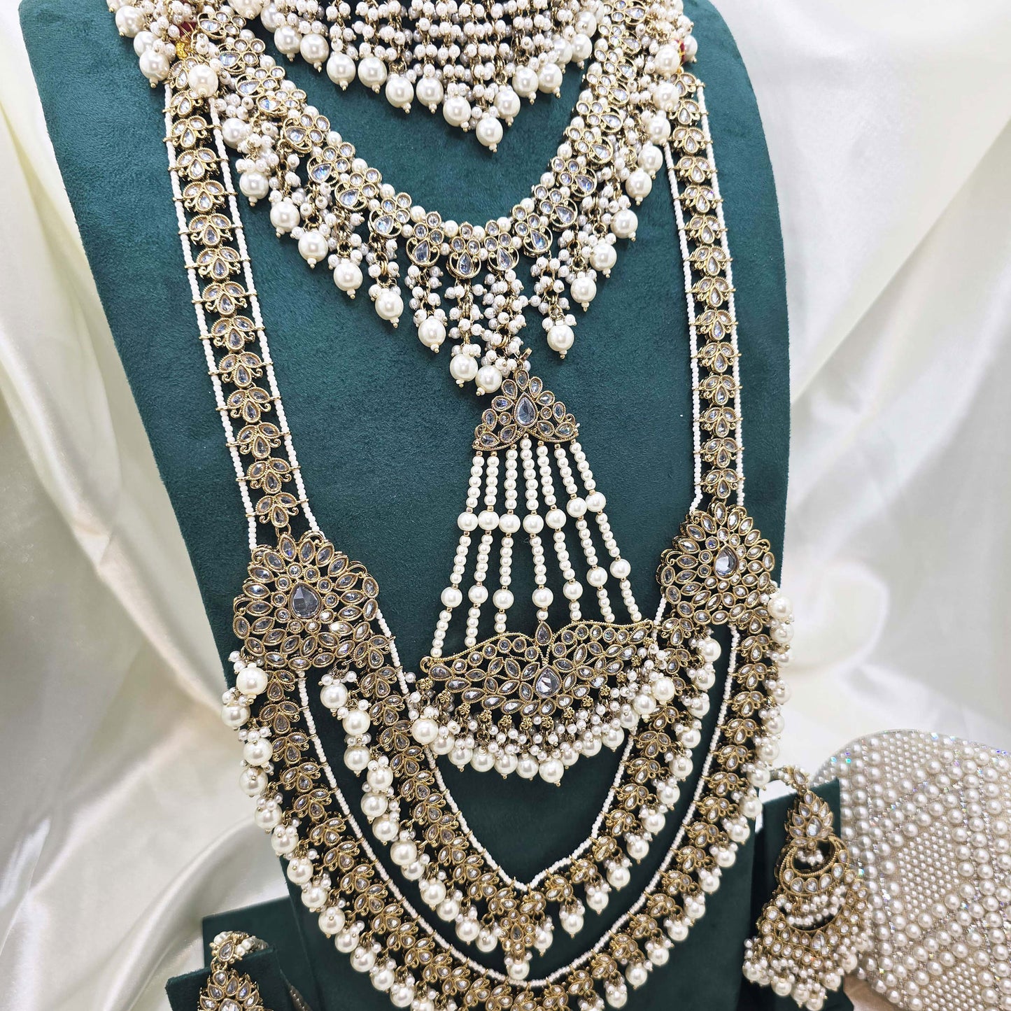 Modest Luxury  Bridal Jewellery Set – Pearl Kundan Necklaces, Earrings, Bangles & Clutch in Gold Finish