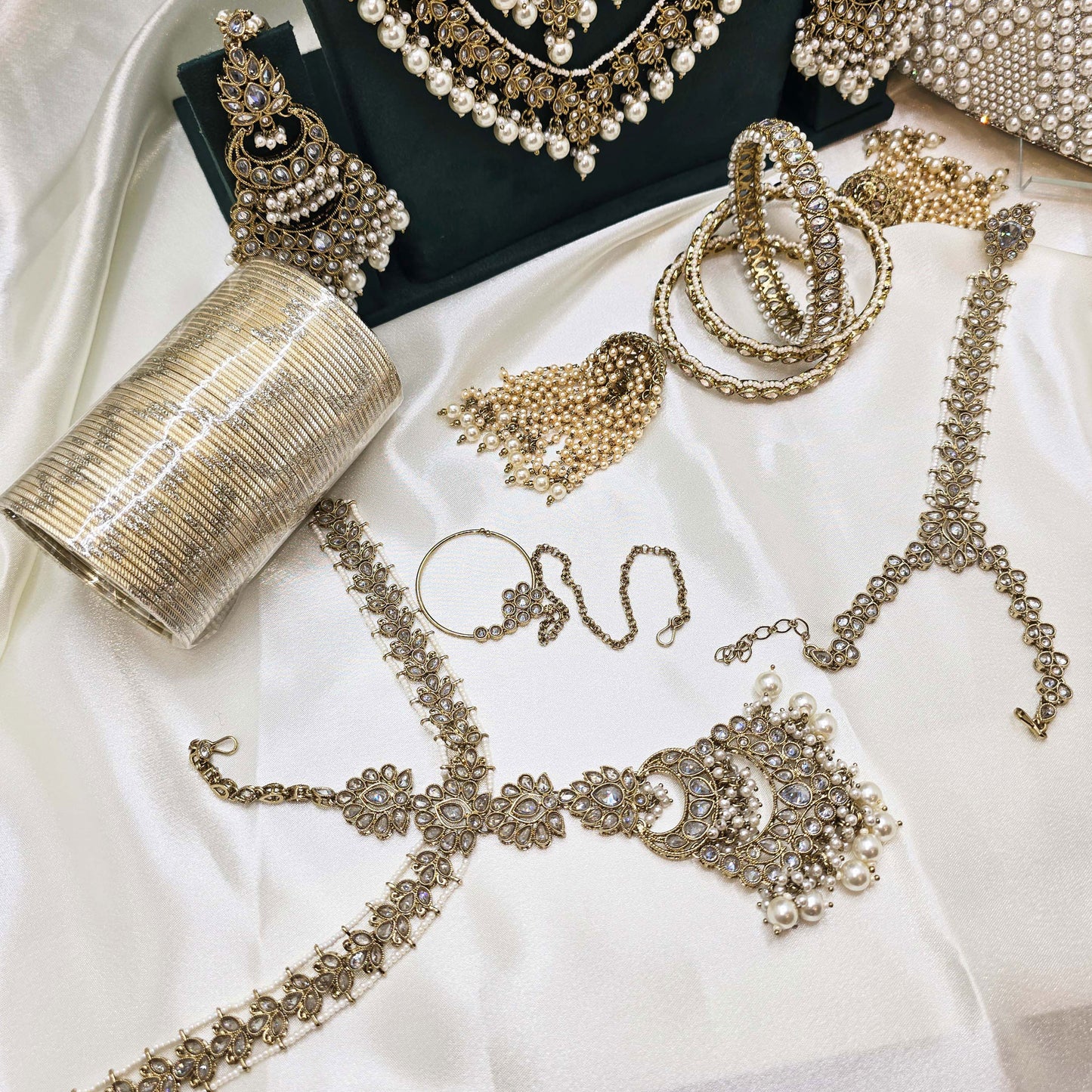 Modest Luxury  Bridal Jewellery Set – Pearl Kundan Necklaces, Earrings, Bangles & Clutch in Gold Finish