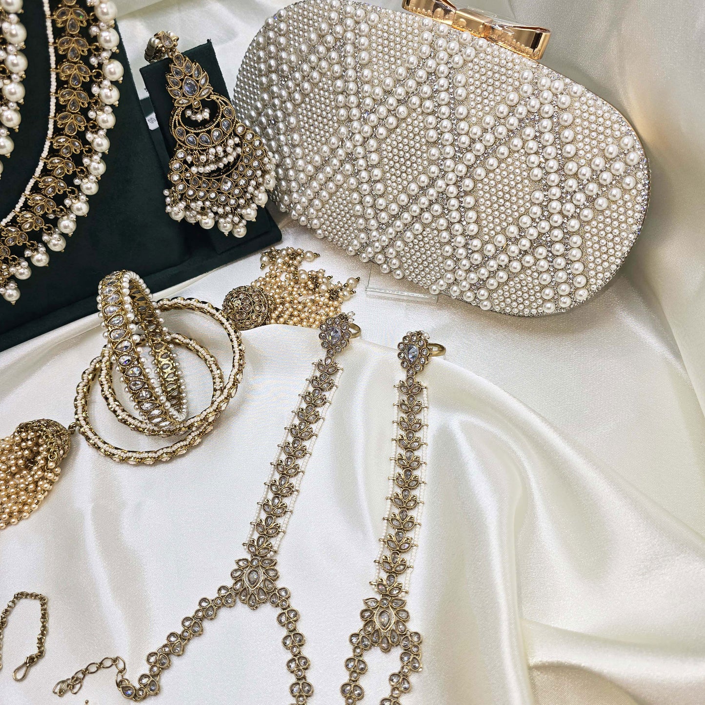 Modest Luxury  Bridal Jewellery Set – Pearl Kundan Necklaces, Earrings, Bangles & Clutch in Gold Finish