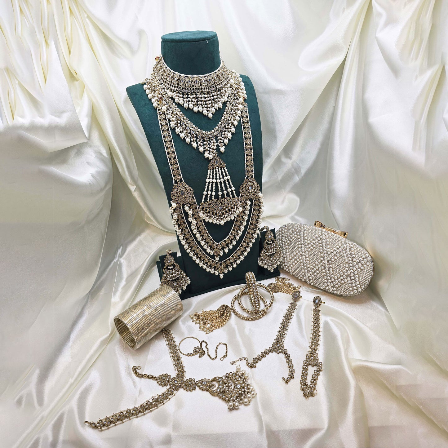 Modest Luxury  Bridal Jewellery Set – Pearl Kundan Necklaces, Earrings, Bangles & Clutch in Gold Finish