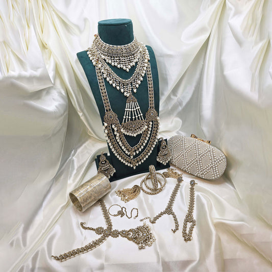 Modest Luxury  Bridal Jewellery Set – Pearl Kundan Necklaces, Earrings, Bangles & Clutch in Gold Finish