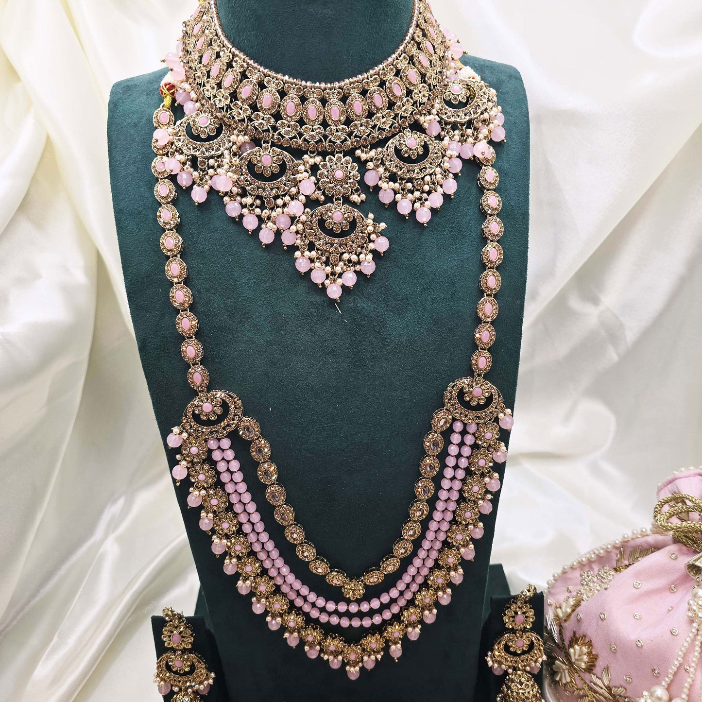 Blush Pink  Bridal Jewellery Set – Modest Kundan Necklaces, Earrings, Bangles & Potli Bag for Nikah or Walima