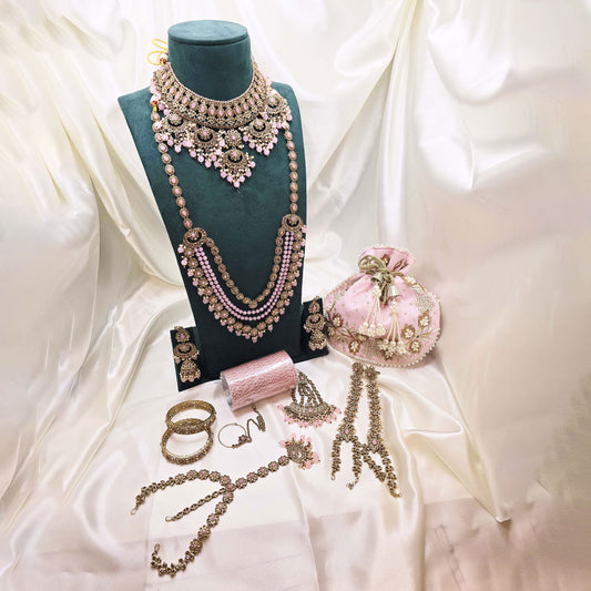 Blush Pink  Bridal Jewellery Set – Modest Kundan Necklaces, Earrings, Bangles & Potli Bag for Nikah or Walima