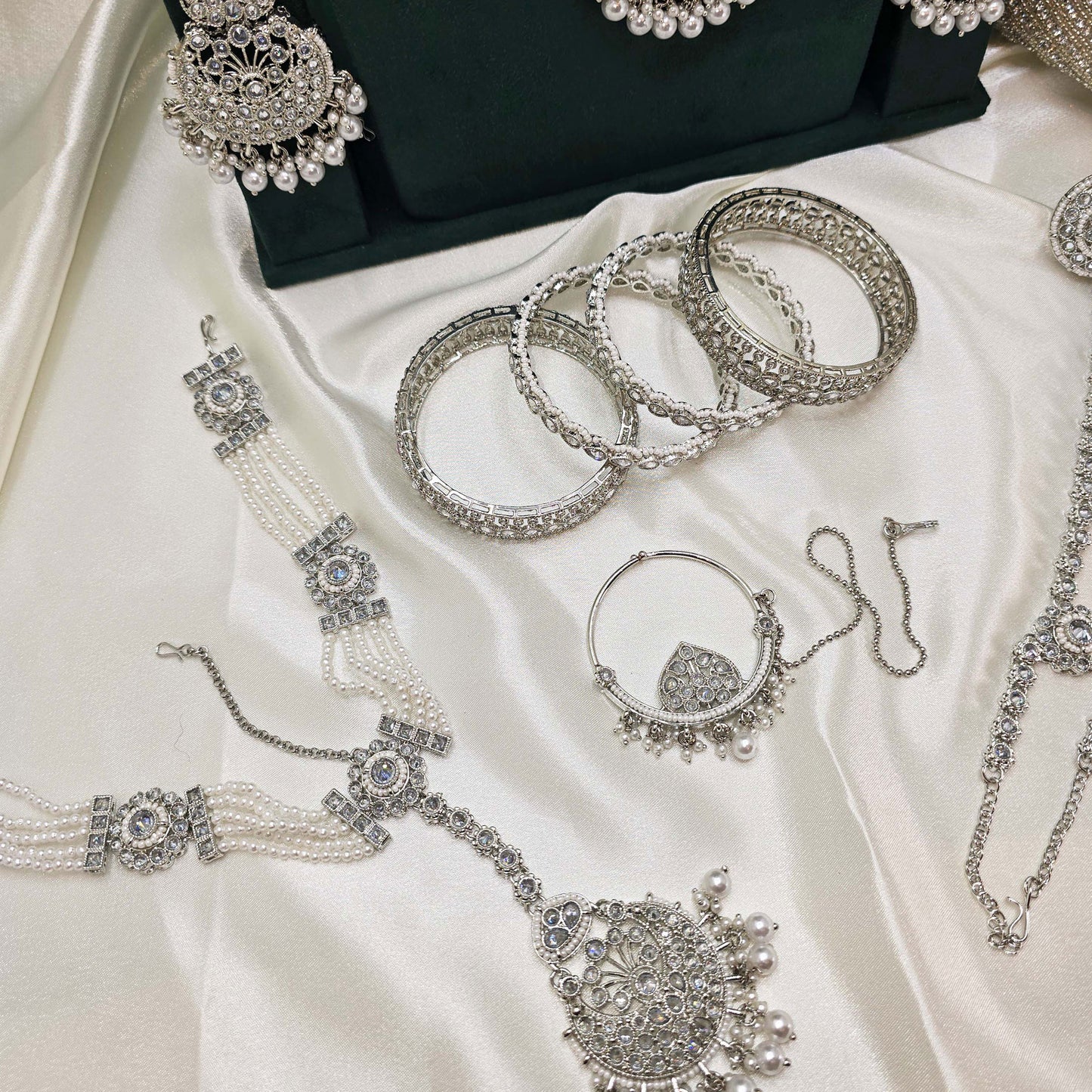 Modest Silver  Bridal Jewellery Set – Crystal Choker, Long Necklace, Bangles & Clutch for Nikah or Walima