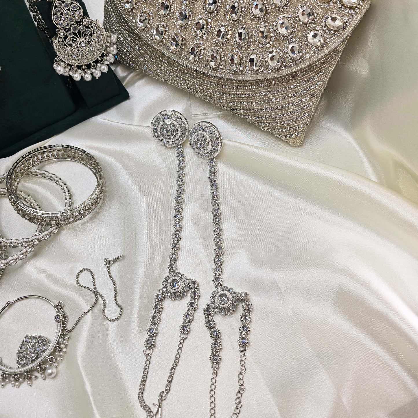 Modest Silver  Bridal Jewellery Set – Crystal Choker, Long Necklace, Bangles & Clutch for Nikah or Walima
