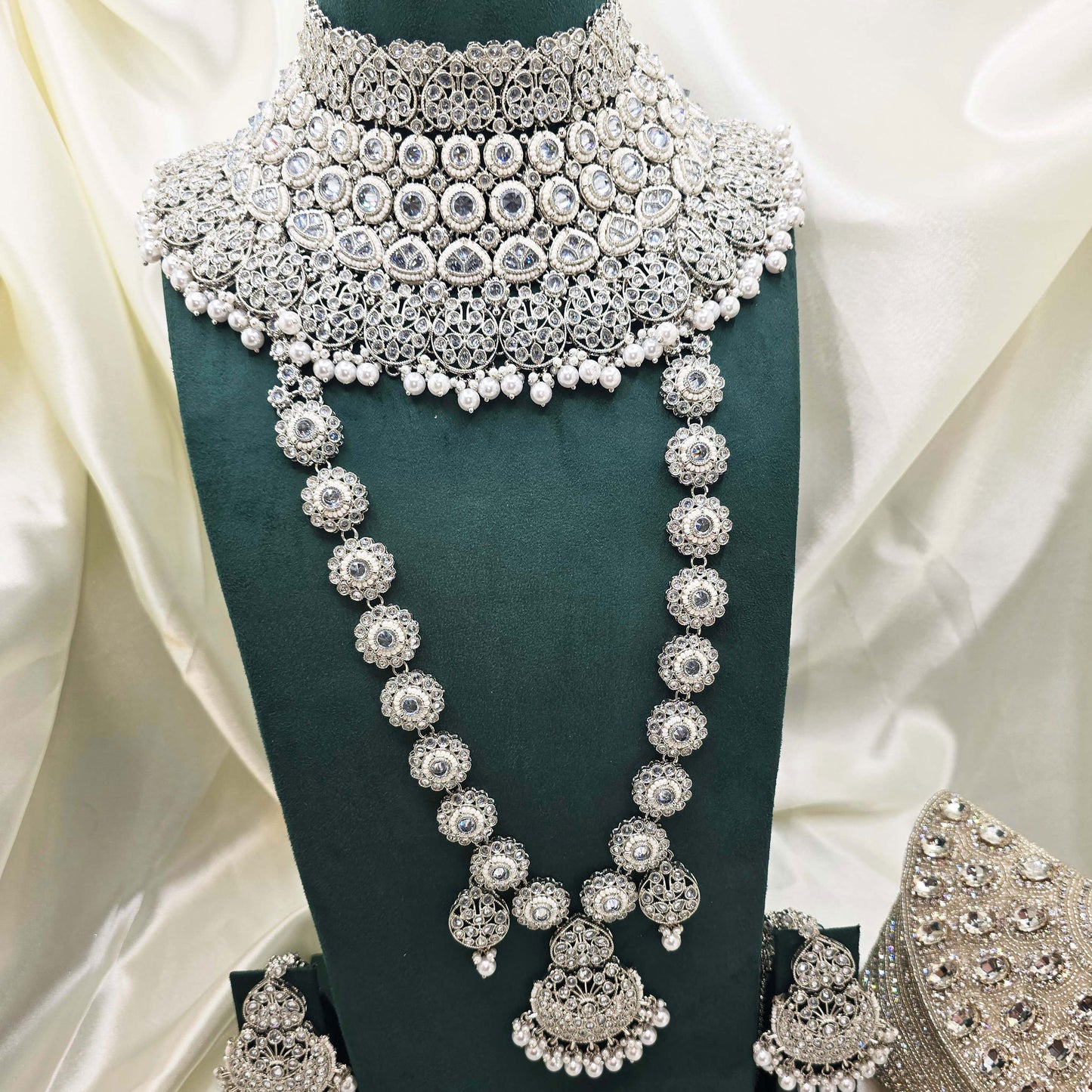 Modest Silver  Bridal Jewellery Set – Crystal Choker, Long Necklace, Bangles & Clutch for Nikah or Walima