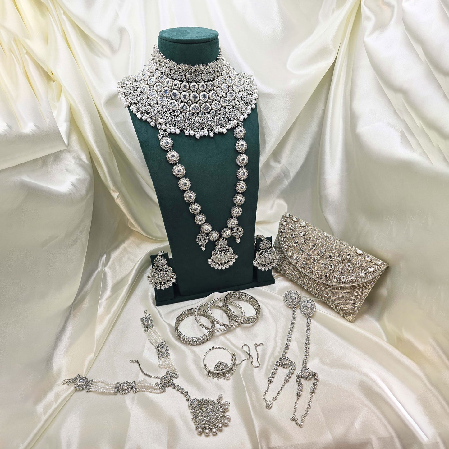 Modest Silver  Bridal Jewellery Set – Crystal Choker, Long Necklace, Bangles & Clutch for Nikah or Walima