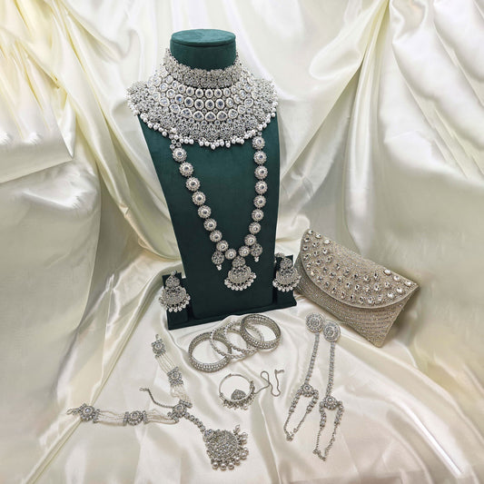 Modest Silver  Bridal Jewellery Set – Crystal Choker, Long Necklace, Bangles & Clutch for Nikah or Walima