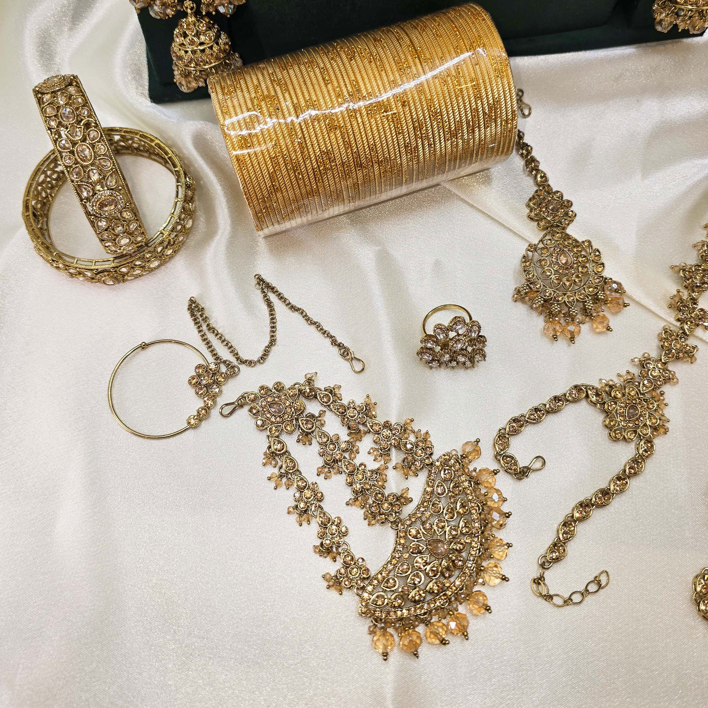 Traditional Gold  Bridal Jewellery Set – Layered Choker, Earrings, Bangles & Potli for Nikah or Walima