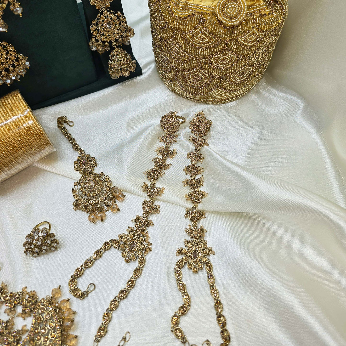 Traditional Gold  Bridal Jewellery Set – Layered Choker, Earrings, Bangles & Potli for Nikah or Walima