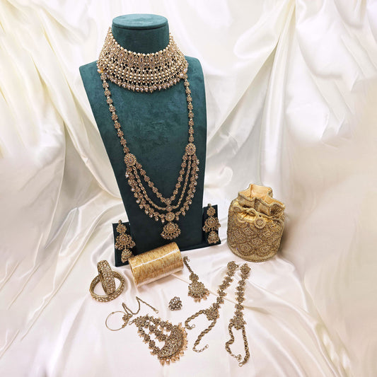 Traditional Gold  Bridal Jewellery Set – Layered Choker, Earrings, Bangles & Potli for Nikah or Walima
