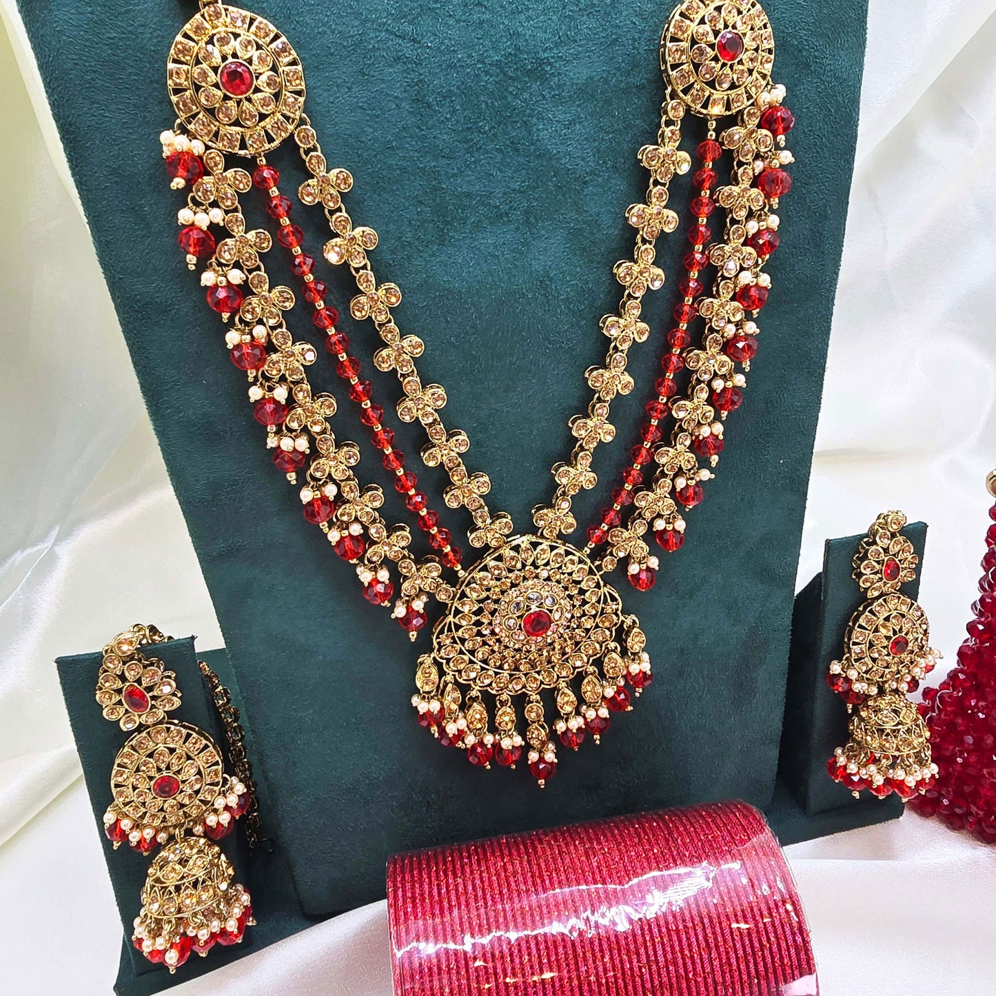 Red & Gold  Bridal Jewellery Set – Modest Choker, Long Necklace, Bangles & Handbag for Nikah or Walima