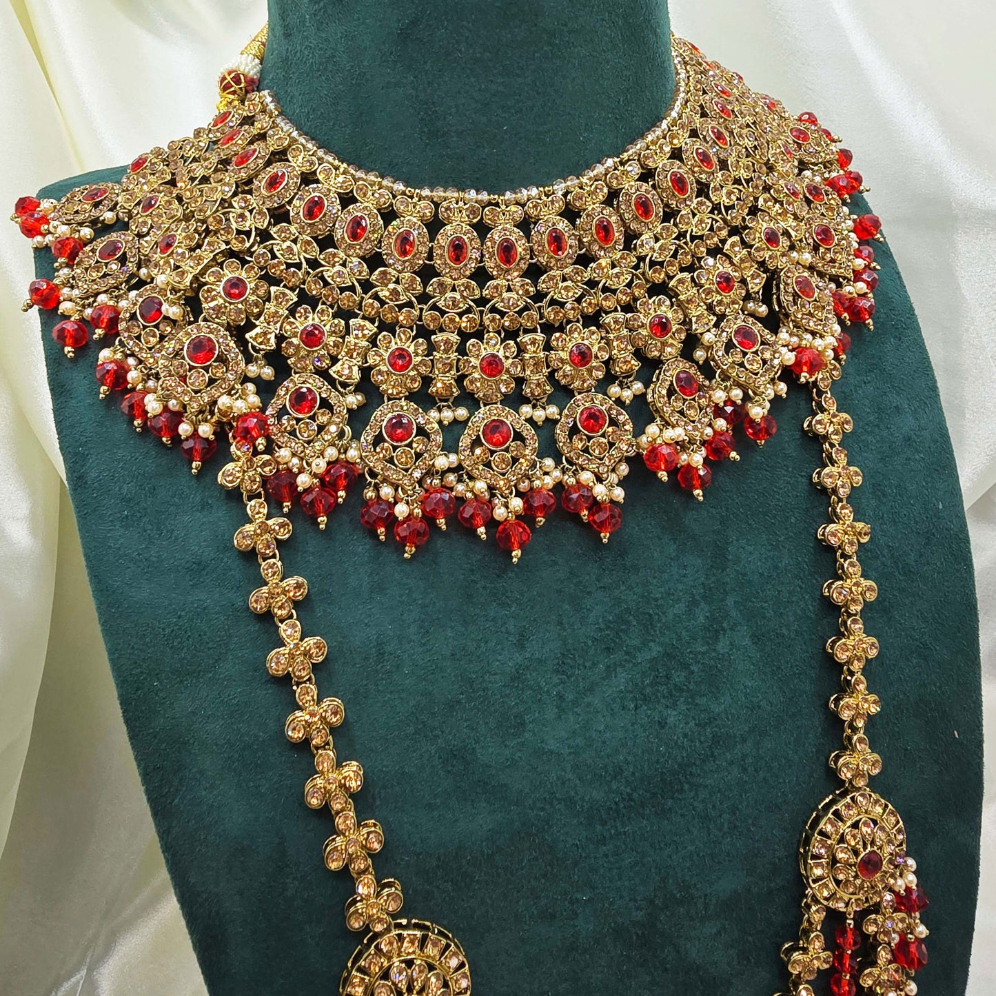 Red & Gold  Bridal Jewellery Set – Modest Choker, Long Necklace, Bangles & Handbag for Nikah or Walima