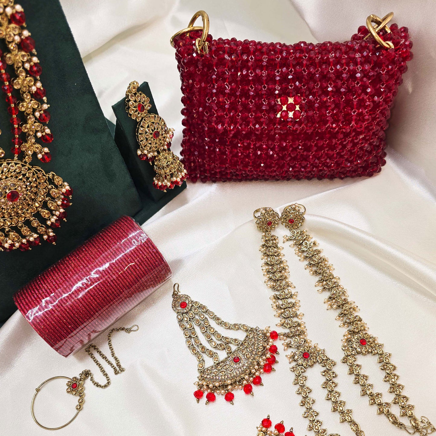 Red & Gold  Bridal Jewellery Set – Modest Choker, Long Necklace, Bangles & Handbag for Nikah or Walima