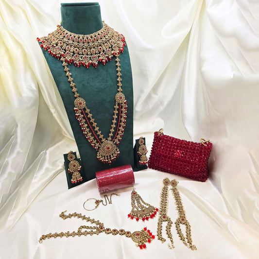 Red & Gold  Bridal Jewellery Set – Modest Choker, Long Necklace, Bangles & Handbag for Nikah or Walima