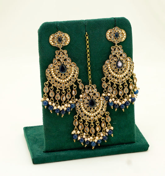 Navy Gold Jhumka Earrings & Tikka – Party Earring Set For Any Event